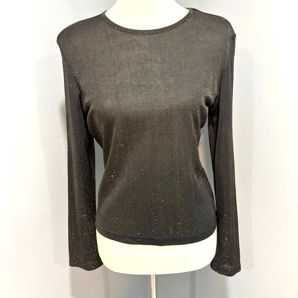 Black Gold Metallic Sparkle Top Whimsigoth Bling Semi-Sheer Dana Buchman, Size M